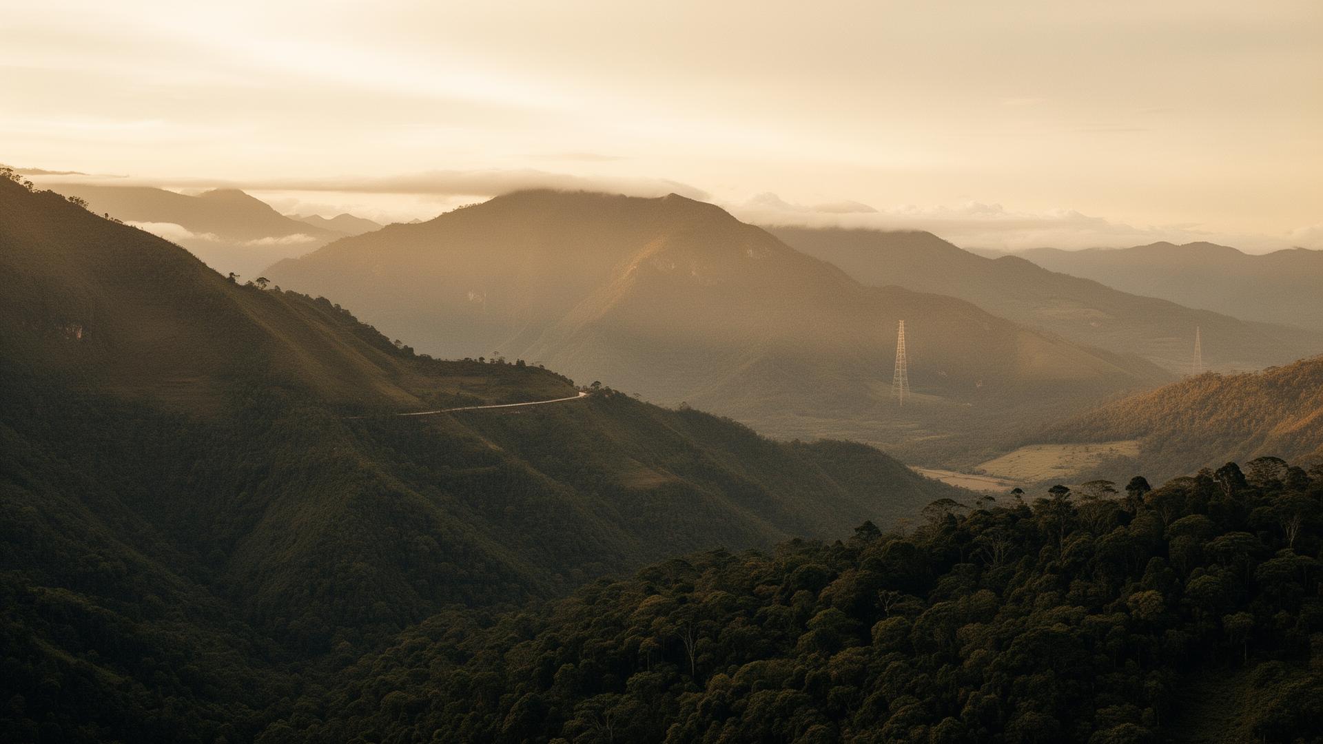 Territorio andino colombiano al amanecer con infraestructura integrada al paisaje